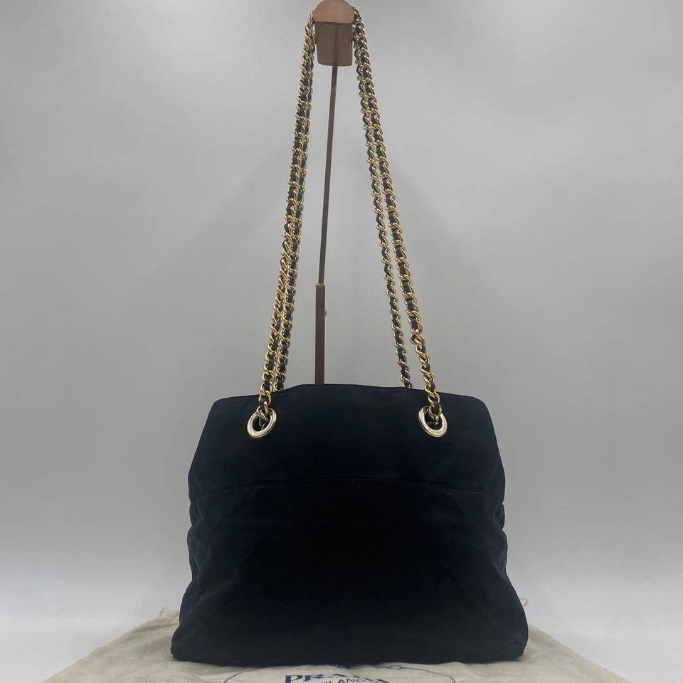 Bolso de Hombro PRADA Tessuto Nylon Acolchado Cadena Dorada Cuero Saffiano Negro Foto 4 de 4