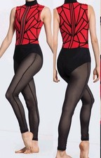 WEISSMAN Elite Dance Costume unitard Black Red Geometric 14114 Adult Large