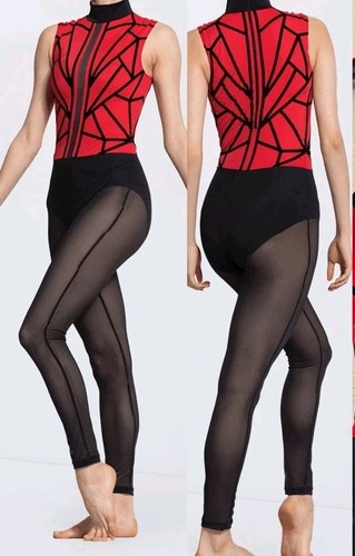 WEISSMAN Elite Dance Costume unitard Black Red Geometric 14114 Adult Large