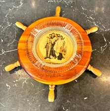 Vintage Nautical Ashtray Glass Wood Ship Wheel  "SHARP HARMONY" GRAND RAPIDS