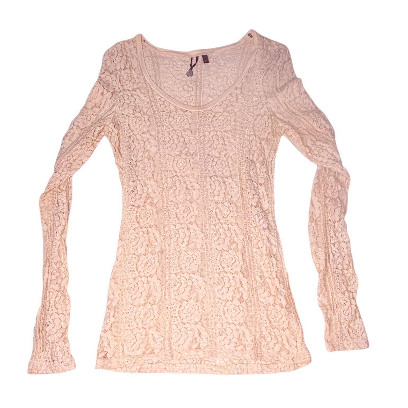 BKE Boutique Pink Lace Top Semi Sheer Women's Med Shirt The Buckle Salmon Pink image 3