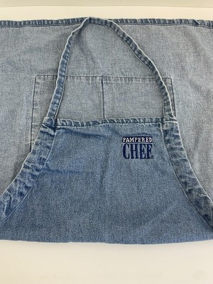 Vintage Pampered Chef Apron Denim Blue Two Pockets Drawstring Ties Jean