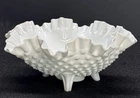 Vintage FENTON Milk Glass White Hobnail 8” Wide 3 Footed Ruffled Bowl Candy Dish