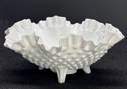 Vintage FENTON Milk Glass White Hobnail 8” Wide 3 Footed Ruffled Bowl Candy Dish