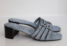 sz 7 Tory Burch Denim Canvas Blue Ines Cage Logo Slide Sandal Mule Pump Shoes