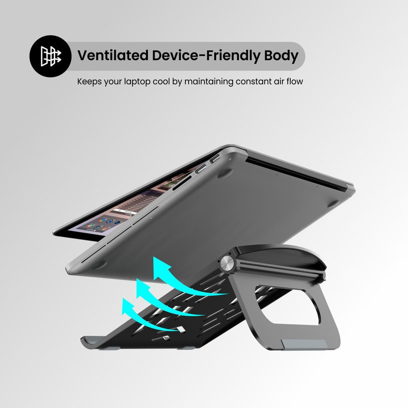 Foldable Ventilated Black Laptop Stand with Lightweight Silicone Pad