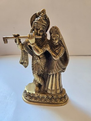 Brass Radha Krishna Statue Hindu God Religious Lord Krishna with Radha 6 inch