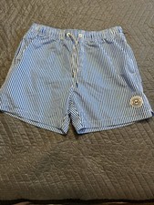 Maamgic Men's Swim Trunks Size Medium Blue White Striped Elastic Waist Pockets