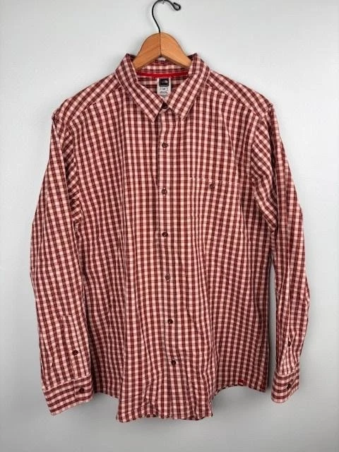 North Face Shirt Mens Large Orange Red Brown Plaid Button Up Long Sleeve