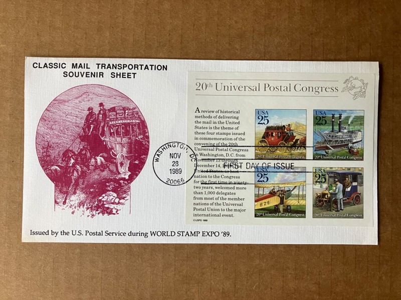 1989 25c Classic Mail Transportation Souvenir Sheet 2438 KMC Venture FDC