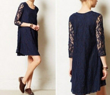 Anthropologie Puella Amare Floral Lace Navy Dress 3/4 Sleeve M