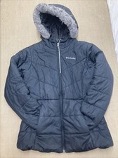 Columbia Puffer Jacket Youth XL Black Long Sleeve Full Zip Fur Lined Hood