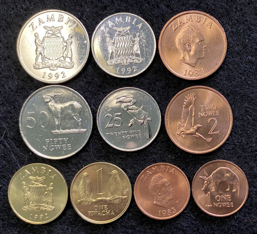 Zambia 5 Coins Set 1, 2, 25, 50 Ngwee & 1 Kwacha UNC World Coins