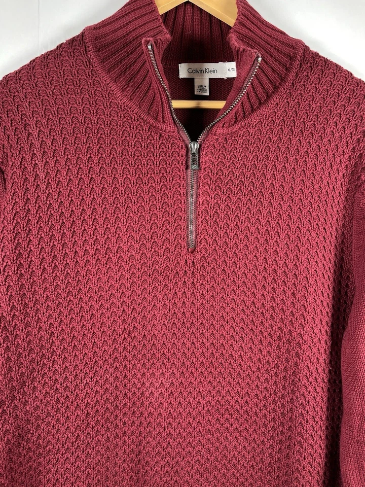 Calvin Klein Men’s Waffle Knit Zip Up Pullover Sweater Red Maroon Size XL - Image 2 of 4