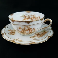 Antique HAVILAND & Co LIMOGES FRANCE Tea Cup/Saucer Set Brown Gold Floral EUC *