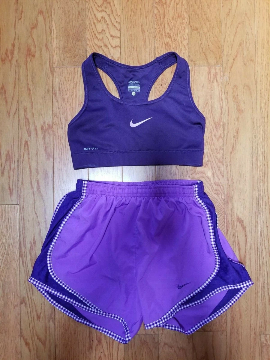 NIKE DRI FIT WOMEN'S PURPLE SPORTS BRA AND CHECKED SHORTS SET