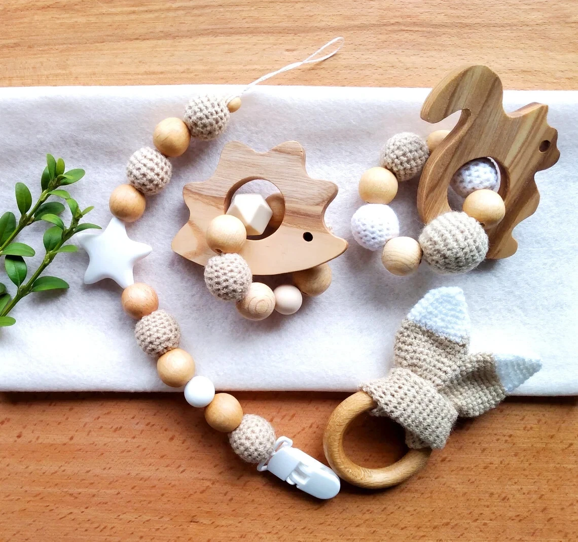 Crochet Rattles Pacifier Clip Baby Toy Custom Wooden Rattle Gift