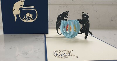 3D Pop Up Cuties Katze und Goldfisch   Karte.(Geburtstag, gesund werden.... Blankokarte)