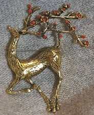 Deer Brooch Pin Christmas Enamel Buck 3” Red Goldtone Fashion Jewelry Floral