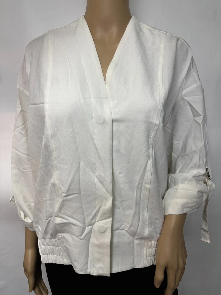 Chaqueta tejida para mujer con lengüeta enrollable manga abotonada talla M con bolsillos marfil Foto 2 de 4