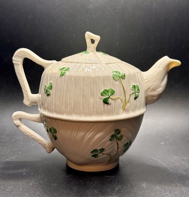 Belleek Shamrock Tea For One Teapot Cup Nesting Tea Set
