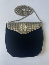 VINTAGE Rare Black Suede Velvet Gold Plated Chain Bag Clutch Flower