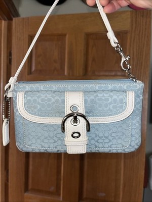 Authentic Coach Soho Wristlet Large Baby Blue & White EUC