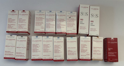 LOT OF 17 CLARINS SAMPLE SIZE SKIN CARE BODY LOTION LIP ++ **SEALED NEW**