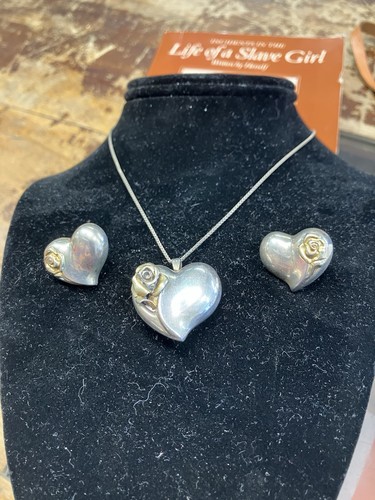 VINTAGE GORHAM STERLING SILVER PUFFY HEART PENDANT & PIERCED EARRINGS