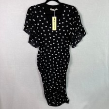 BaiShengGT Ruched Polka Dot Dress Women's Size S Black Flutter Sleeve NWT