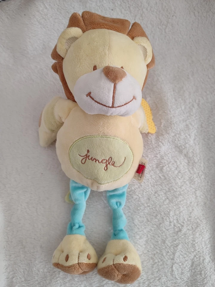 ancien Doudou LION jungle bleu jaune vert anneau dentition TEX 32cm - Photo 1/1