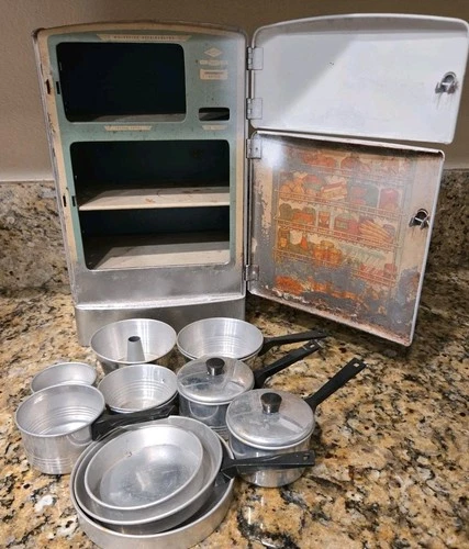 Vintage Wolverine Tin Toy Litho Refrigerator With Toys 1950s Play Kitchen