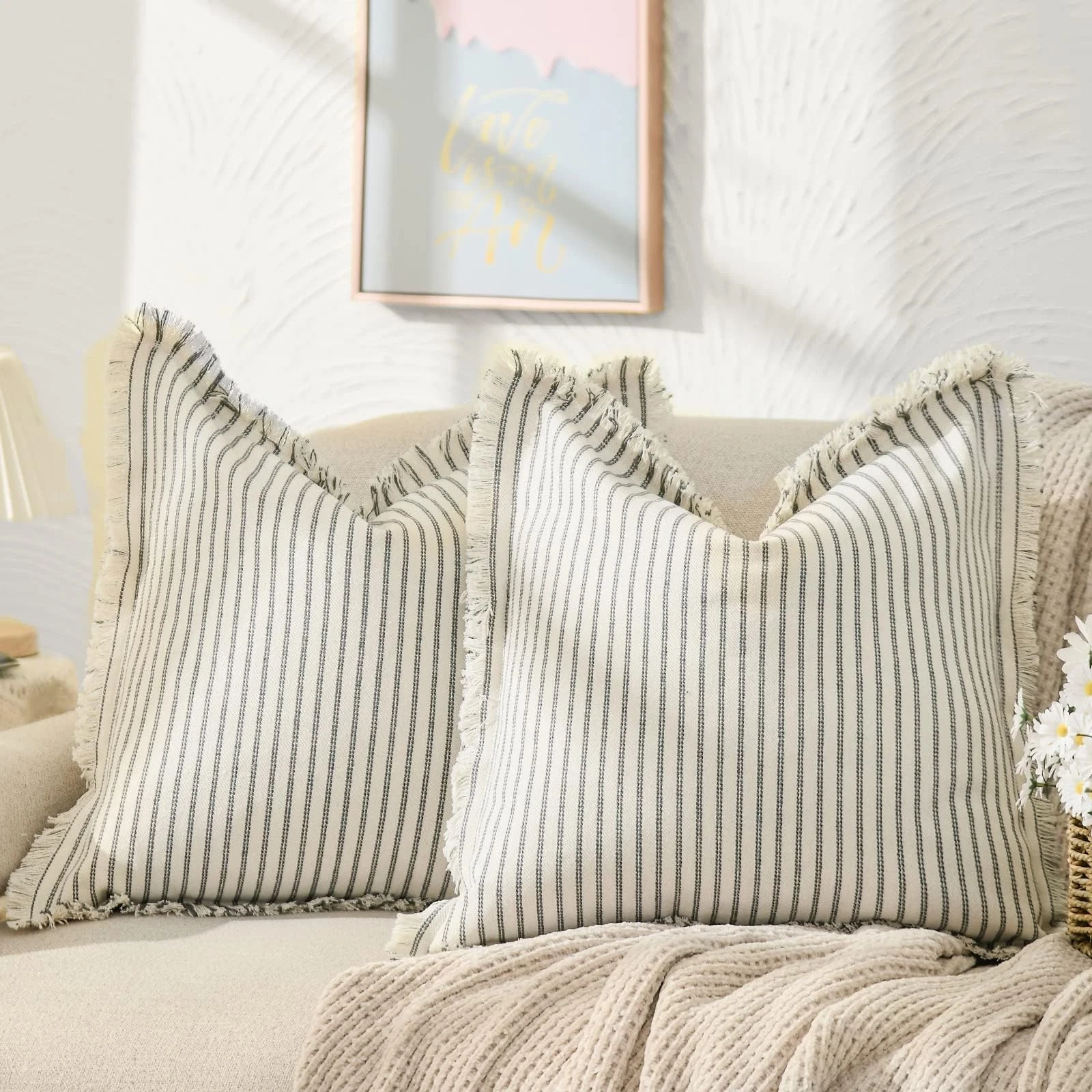 Throw Pillow Covers 18x18 Set of 2 Striped Pillow Covers with Fringe Chic Cot...