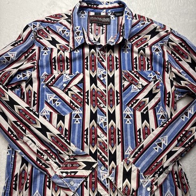 Rock & Roll Cowboy Men's Pearl Snap Red/Blue Western Shirt Aztec Pattern LARGE