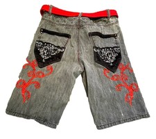 Russo Denim Shorts Mens 36 Distressed Embroidered Baggy Jorts Gothic Y2K 13" I