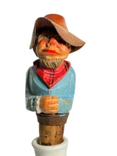 Vintage Anri Mechanical Buffalo Soldier Cowboy Carved Wood Bottle Stopper Cork