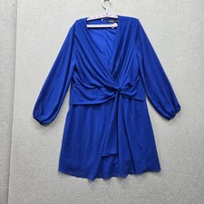 Lauren Ralph Lauren Women Dress 16 Blue Knee Length Fit & Flare Faux Wrap V Neck