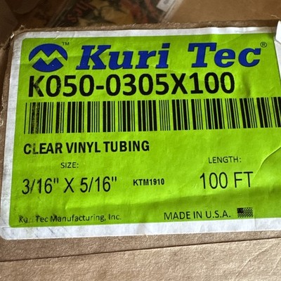 100 Feet Kuri Tec Clear Vinyl Tubing 3/16'' ID X 5/16'' OD Food Grade , New In Box
