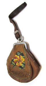Old 1900s Hand Painted Flower Antique Leather Snap Coin Pouch Pierre SD Souvenir
