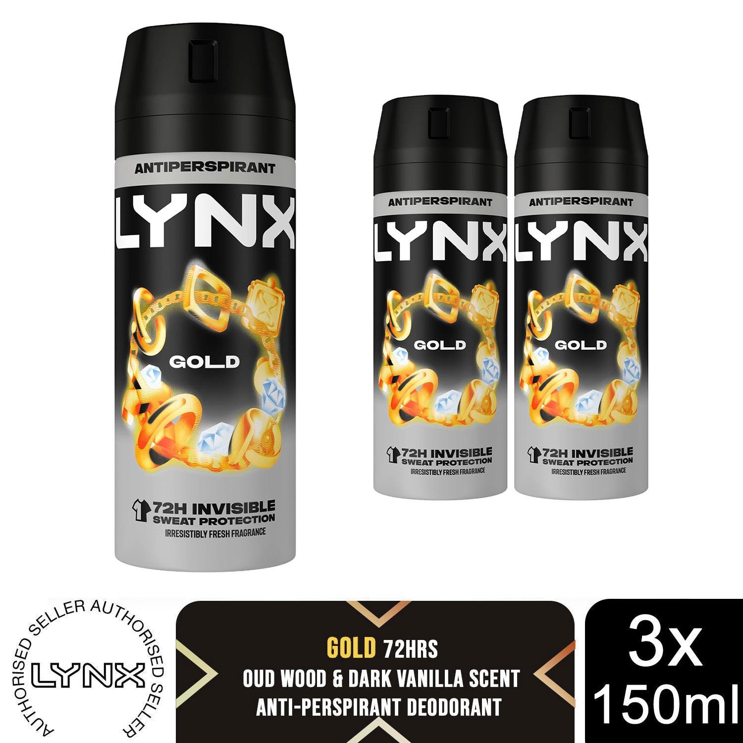 Lynx Gold Anti Perspirant Body Spray 150ml 3 Pack Mens Deodorant 72H Protection