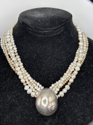 Mignon Faget Sterling Silber 925 Mond Schneckenhaus 5-Strang Perlenkette