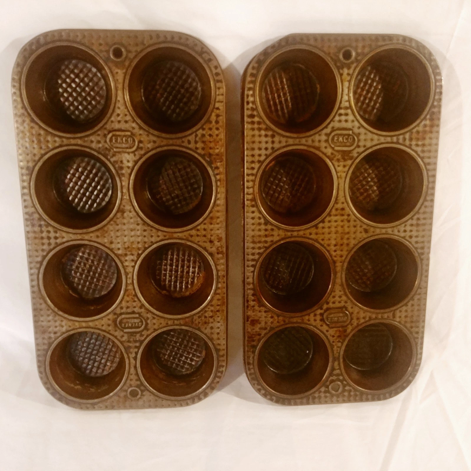 2 Ovenex Ekco Muffin Pan Cupcake Metal Tin Waffle Pattern X80 USA Made Vintage