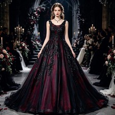 Gothic Burgundy V-Neck Wedding Dress Sleeveless Black Lace Applique Bridal Gown-