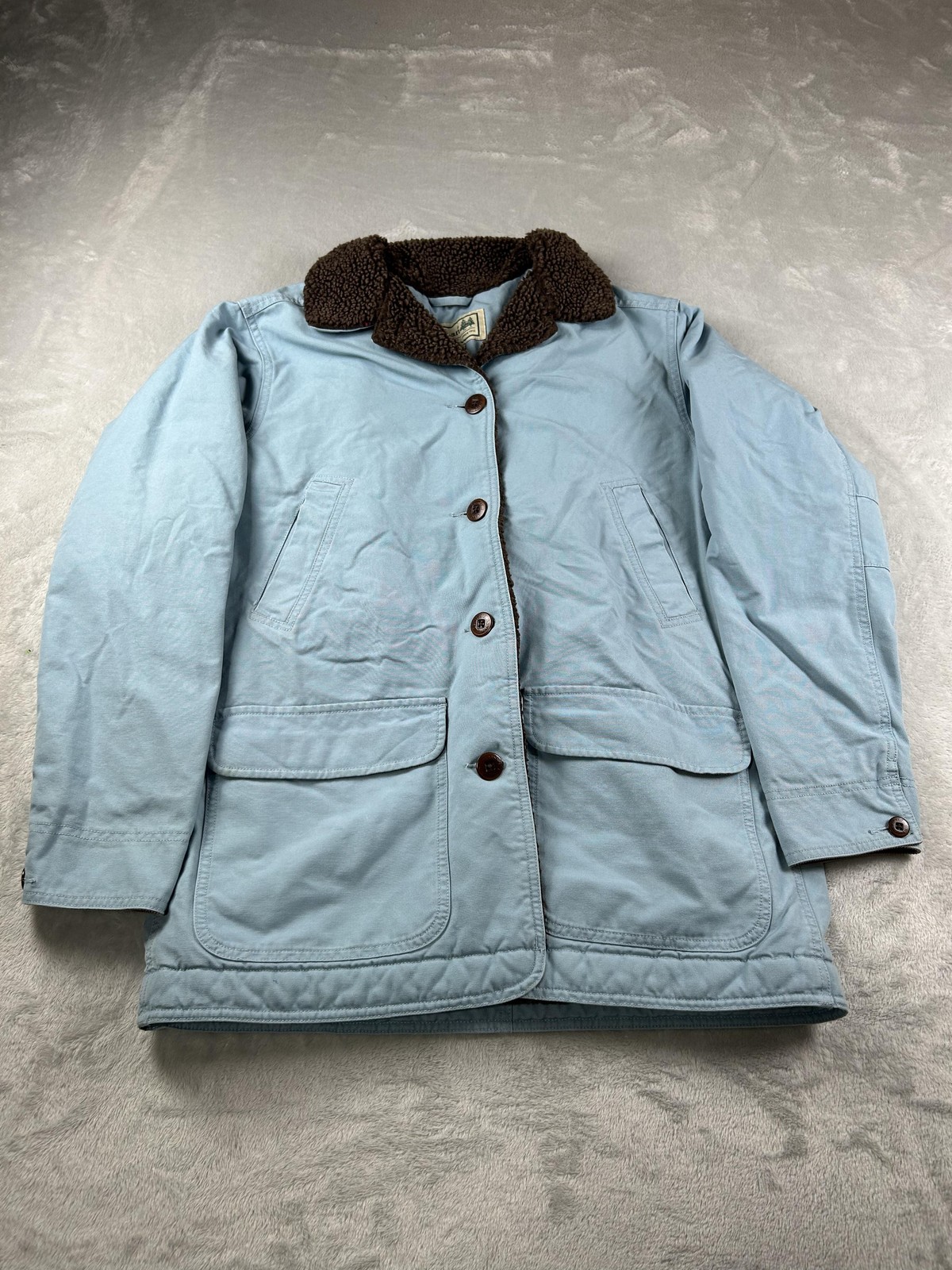 LL Bean Jacket Womens Medium Blue Sherpa Lined Canvas Barn Field Coat Outdoors