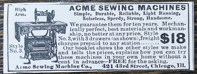 Original 1898 ACME Style No.3 High Arm Sewing Machine Co. Vtg Magazine Print Ad