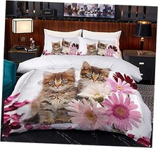 Cat Comforter Set Size for Kids Pink Flowers Cats 3Pcs Bedding Set Twin White