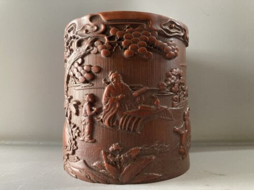 Collection Chinese Old Bamboo Carved Exquisite Figure-story Brush Pot Desk Decor - Picture 1 of 9