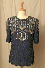 Vintage 1980 Beaded Party Top Blouse Navy Blue Silk Silver Sequins by Landmark M
