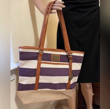 Younique Purple & Cream Canvas Tote Beach Bag Faux Leather Double Handle Straps