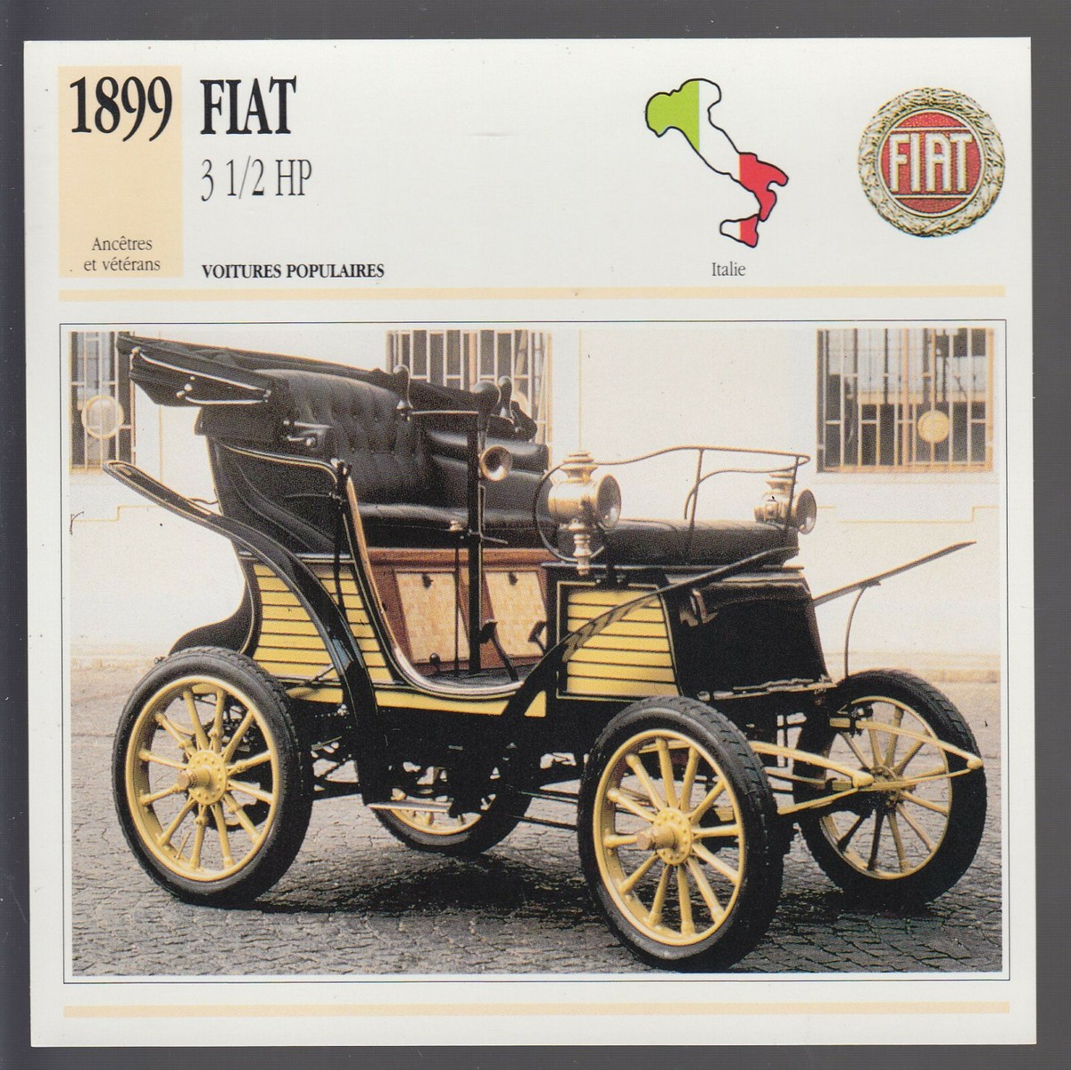1899 Fiat 3 1/2 HP Italian Early Car Photo Spec Sheet Info French